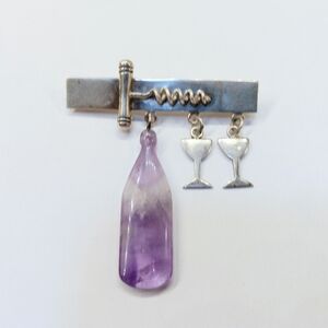 Vintage Sterling Amethyst Wine Bottle Brooch Pin
